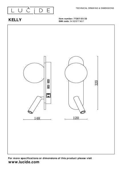 Lucide KELLY - Bedside lamp / Wall light - LED - 1x3,5W 3000K - Black - technical